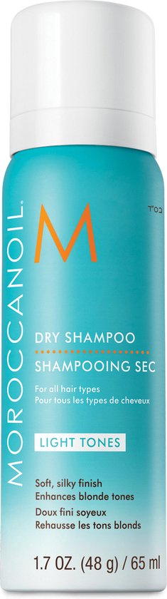 Moroccanoil Droogshampoo, Light Tones. Turquoise spuitbus met oranje logo M. Inhoud 48g/65ml.
