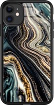 iPhone 11 hoesje glas - Marmer swirl - Hard Case - Zwart - Backcover - Marmer - Multi