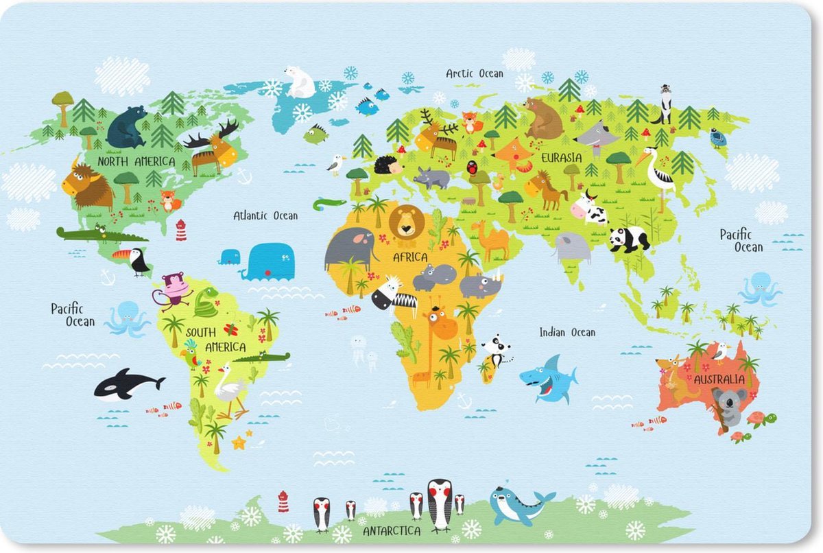 Muismat Eigen Wereldkaarten - Wereldkaart voor kinderen Dieren muismat rubber - 27x18 cm - Muismat met foto
