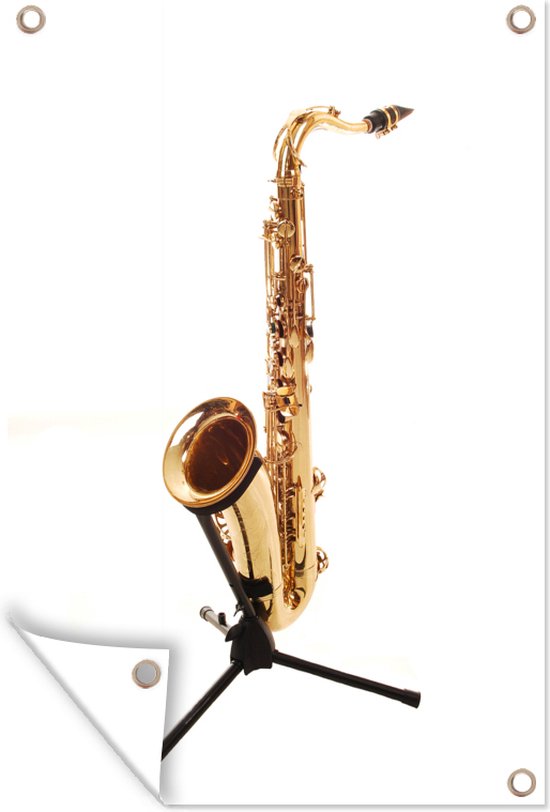Tuindecoratie Saxofoon op een zwarte standaard - 40x60 cm - Tuinposter - Tuindoek - Buitenposter