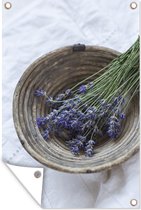 Muurdecoratie Lavendel in een mand bij de spa - 120x180 cm - Tuinposter - Tuindoek - Buitenposter
