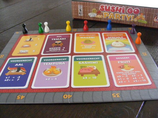 Speelbord van Sushi Go Party met kaarten voor Nigiri, Temaki, Wasabi en Fruit dessert.