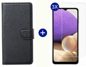 BixB Samsung A32 5G hoesje - Met 3x screenprotector / tempered glass - Book Case Wallet - Zwart