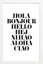 JUNIQE - Poster in houten lijst Hellos talen -40x60 /Wit & Zwart