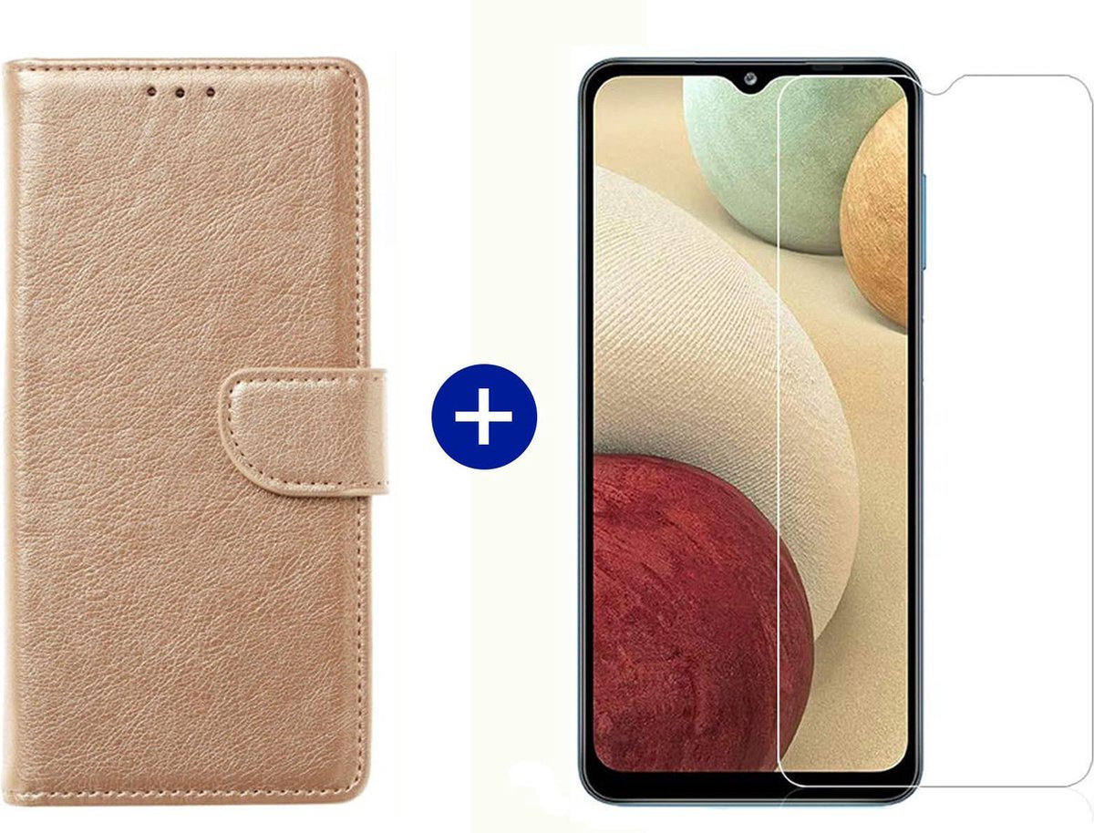 BixB Samsung A12 hoesje - Samsung Galaxy A12 screenprotector - BookCase Wallet - Goud
