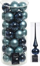 49x stuks glazen kerstballen ijsblauw (blue dawn)/donkerblauw 6 cm inclusief donkerblauwe piek - Kerstversiering