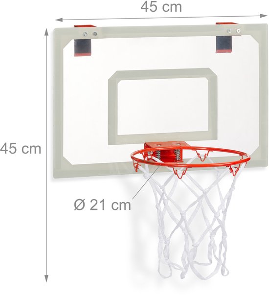 Afmetingen van het transparante basketbalbord: 45x45 cm, met rode ring van 21 cm diameter.