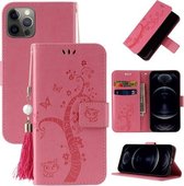 Reliëf Lucky Tree Horizontale Flip Leren Case met Houder & Kaartsleuf & Portemonnee & Lanyard Voor iPhone 12 Pro (roze)