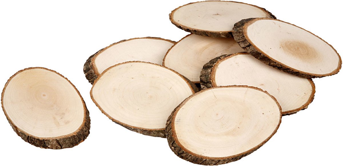 Houten schijf met bast, afm 11x7,5 cm, dikte 8 mm, 12 stuk/ 1 doos