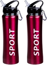 2x Sport Bidon drinkfles/waterfles Sport print rood 600 Ml van Aluminium met karabijnhaak