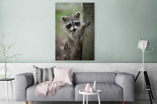 Tableau sur toile Ratons laveurs - Tronc d'arbre - Nature - 90x140 cm - Décoration murale