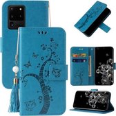 Voor Samsung Galaxy S20 Ultra Reliëf Lucky Tree Horizontale Flip Lederen Case met Houder & Kaartsleuf & Portemonnee & Lanyard (Blauw)