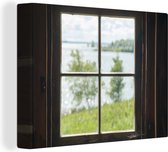 Vue d'un lac depuis la fenêtre d'un chalet 40x30 cm - petit - Tirage photo sur toile (Décoration murale salon / chambre)
