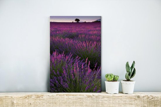 Canvas Schilderij Paarse lavendel bloemen in een veld - 20x30 cm - Wanddecoratie