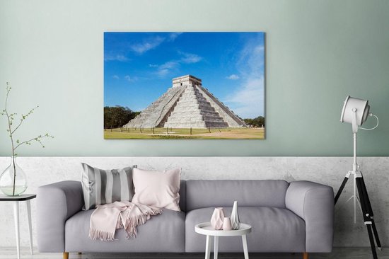 Canvas schilderij 180x120 cm - Wanddecoratie Tempel van Kukulkan bij Chichén Itzá in Mexico - Muurdecoratie woonkamer - Slaapkamer decoratie - Kamer accessoires - Schilderijen