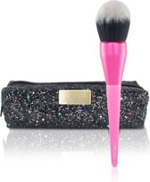 CAIRSKIN Neon Pink Powder Brush + Beauty Clutch Pouch - Pinceau à poudre - Poudre pour le visage - Poudre de réglage - Finish de maquillage - Pinceau de maquillage professionnel