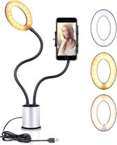 GadgetBay Selfie licht smartphone houder dimbaar 3 kleuren licht - Zilver Zwart