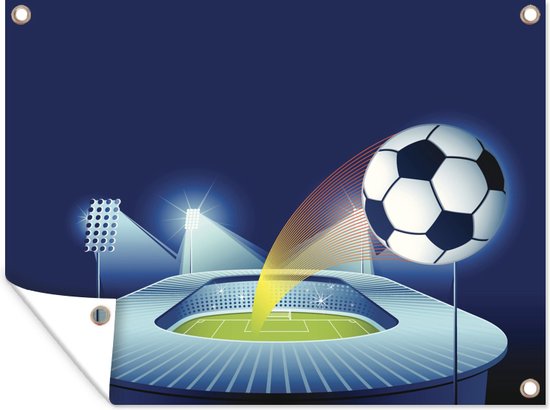 Muurdecoratie buiten Een illustratie van een bal dat het voetbalstadion uitgetrapt wordt - 160x120 cm - Tuindoek - Buitenposter