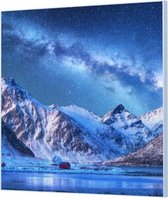 Wandpaneel Sneeuw bedekte bergen bij nacht  | 80 x 80  CM | Zilver frame | Wand-beugels (27 mm)