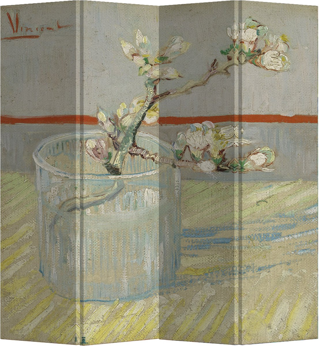 Fine Asianliving Kamerscherm Scheidingswand B160xH180cm 4 Panelen Bloeiende Amandeltak in een Glas 1888 van Gogh Multicolour, Grijs