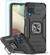 Samsung A12 Hoesje Heavy Duty Armor Hoesje Zwart - Galaxy A12 Case Kickstand Ring cover met Magnetisch Auto Mount- Samsung A12 screenprotector 2 pack