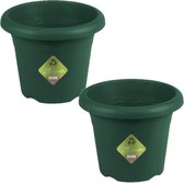 Set van 2x stuks donkergroene ronde plantenpotten/bloempotten kunststof D 35 x H 25.5 cm - Plantenbakken/bloembakken voor buiten