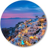 Oia met traditionele witte huizen en windmolens op het eiland Santorini, Griekenland in het blauwe avonduur - Muurcirkel 30cm - Wandcirkel voor buiten - Aluminium Dibond - Landscha