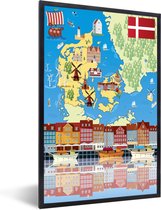 Fotolijst incl. Poster - Illustratie van een cartoonachtige kaart van Denemarken - 40x60 cm - Posterlijst