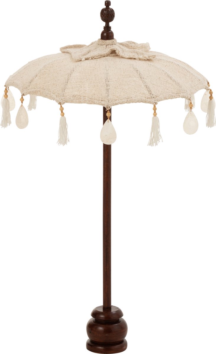 Stylish small wooden parasol in beige and dark brown with decorative tassels and shells by J-Line.