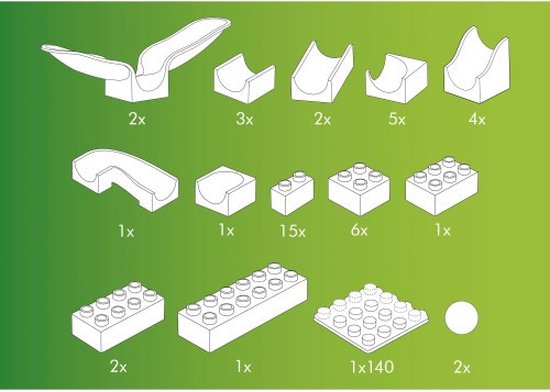 Overzicht van alle onderdelen: diverse bouwstenen, glijbanen, 2 witte ballen en een landingsplatform.