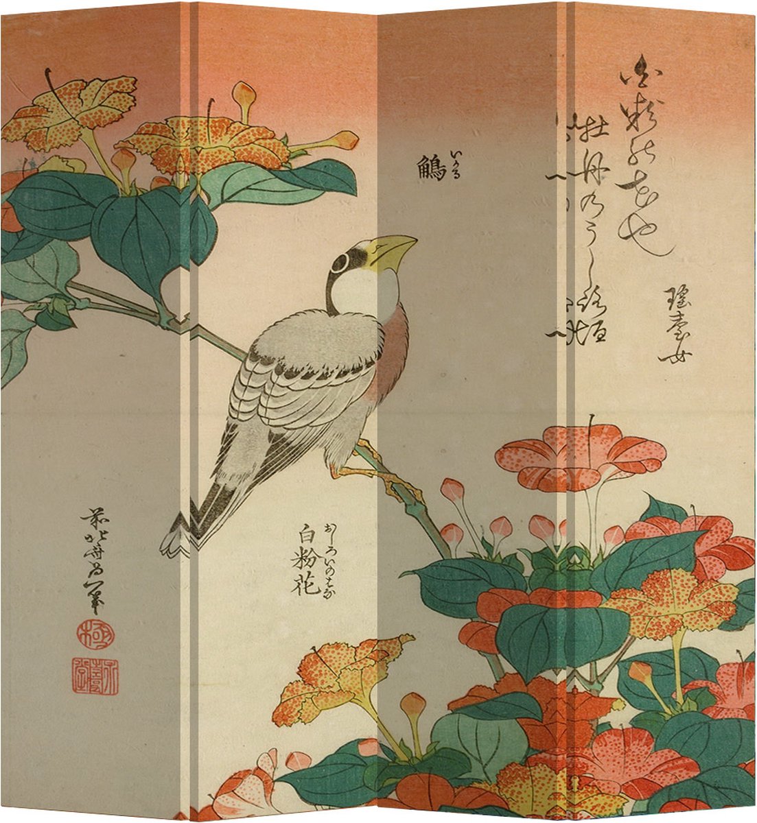 Fine Asianliving Kamerscherm Scheidingswand B160xH180cm 4 Panelen Japanse Vogel Multicolour, Oranje