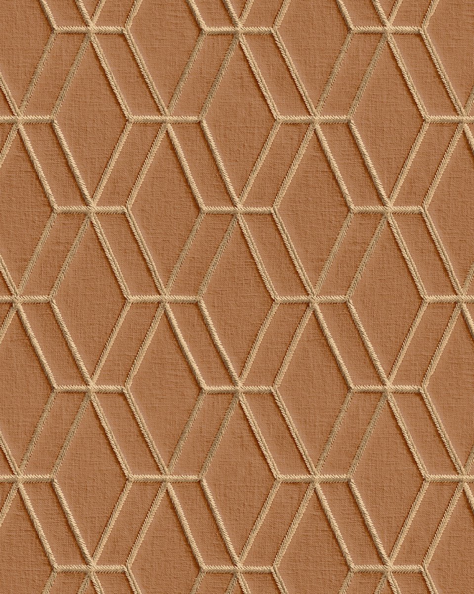 Grafisch behang Profhome DE120065-DI vliesbehang hardvinyl warmdruk in reliëf gestempeld met ruitvormig patroon glimmend bruin goud 5,33 m2