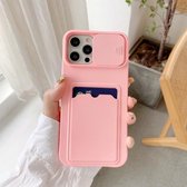 Sliding Camera Cover Design TPU-beschermhoes met kaartsleuf en nekkoord voor iPhone 11 (roze)