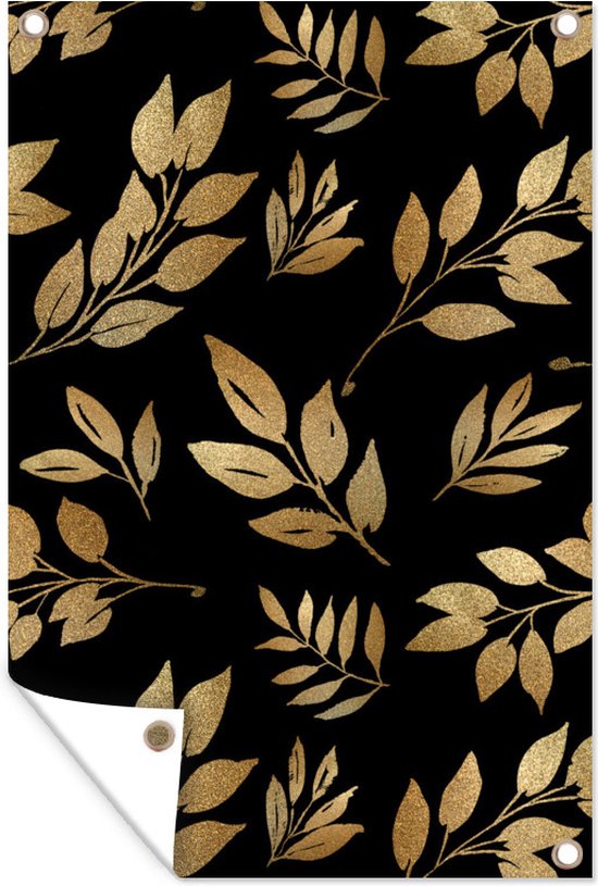 Tuindecoratie Partoon - Black and gold - Bladeren - 40x60 cm - Tuinposter - Tuindoek - Buitenposter