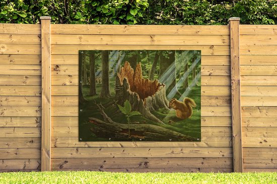 Une illustration d'un écureuil à côté d'une souche d'arbre affiche de jardin 160x120 cm - Toile de jardin / Toile d'extérieur / Peintures d'extérieur (décoration de jardin) XXL / Groot format!
