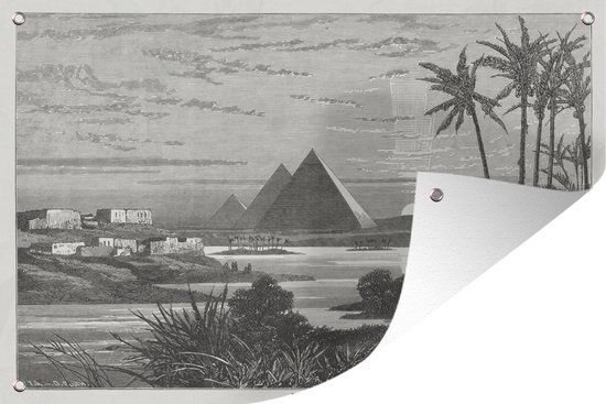 Affiche de jardin Illustration Zwart et blanc d'une inondation à Gizeh en Egypte 120x80 cm - Toile de jardin / Toile d'extérieur / Peintures d'extérieur (décoration de jardin)