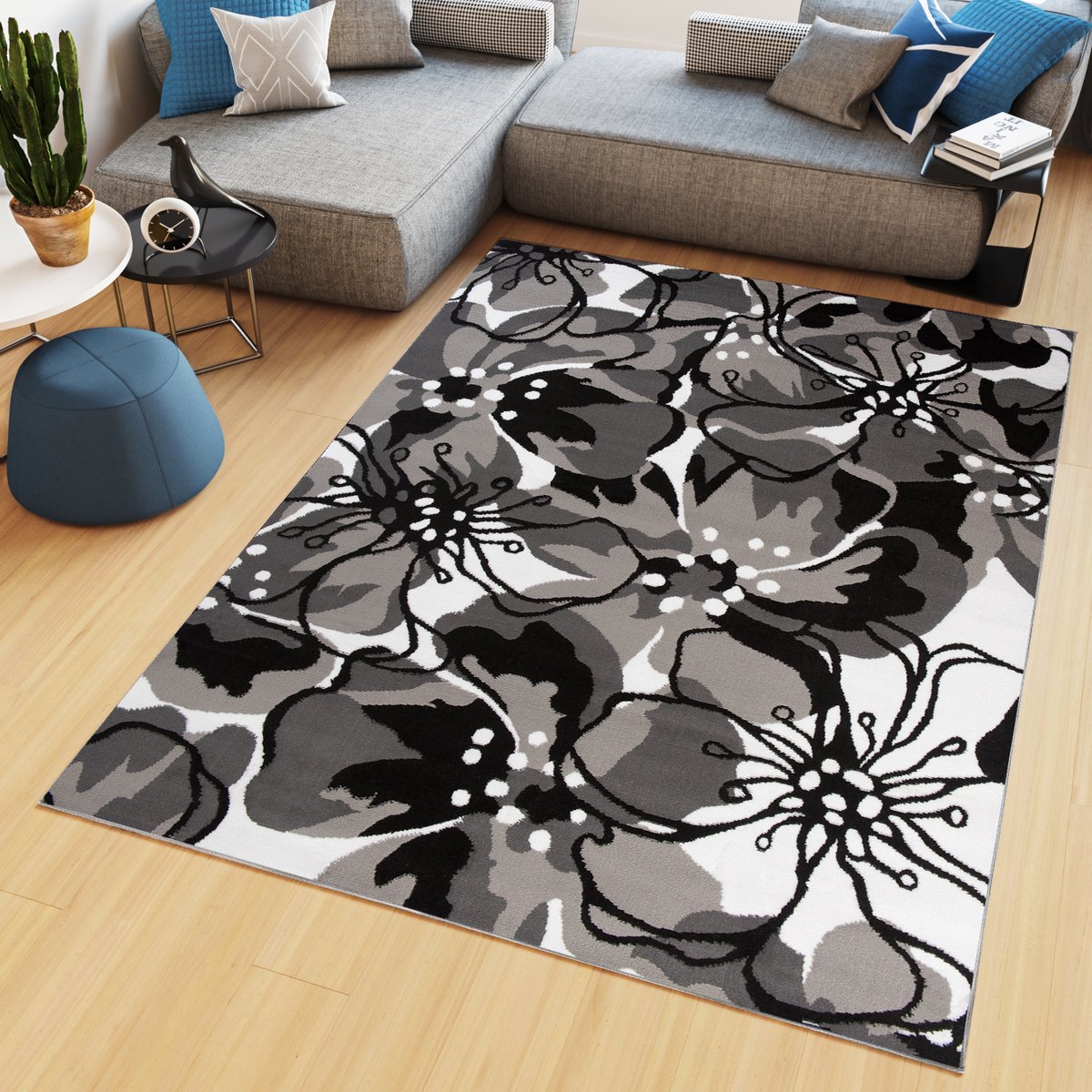 Tapiso Maya Vloerkleed Grijs Tapijt Woonkamer Bloemen Kleed Maat- 80x150 Wit Grijs Zwart
