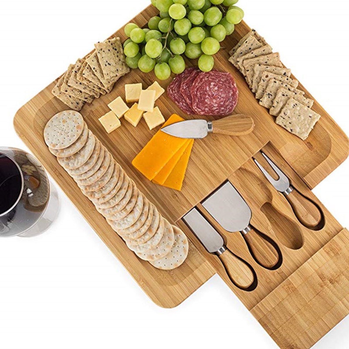 Bamboe Kaasplank met Lade & Inclusief 4 Kaas messen - Kaas plankje - Serveerplank hout - Serveerplank voor kaas — cadeau in Kookcadeaus - foto 2