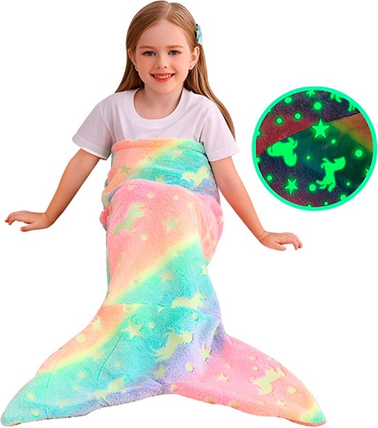 Jojoy - Couverture queue de sirène Glow dans le noir pour Enfants – Polaire douce, sac de couchage et couverture en un – Cadeau lumineux magique – Unicorn MERMAIDREAM