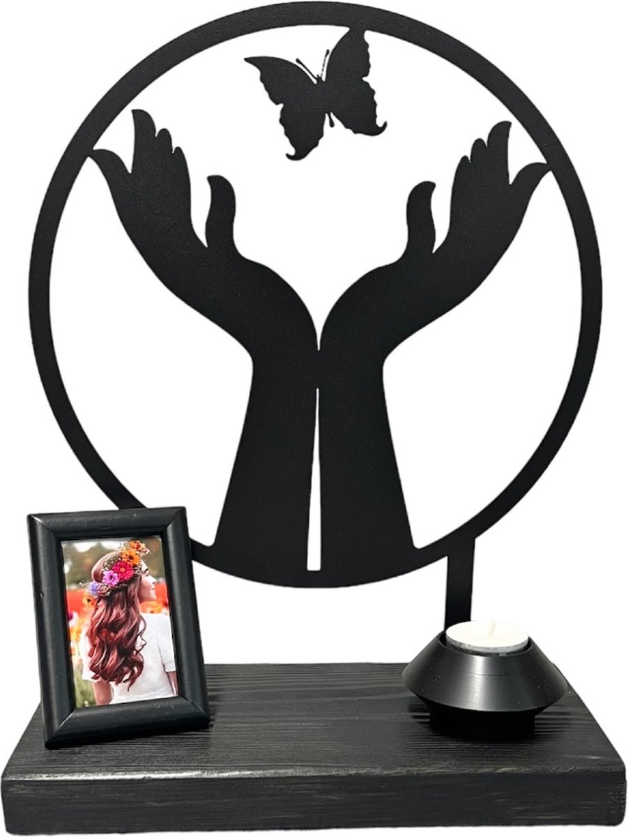 Metalen urn - keepsake - vlinder urn - inhoud ruimte 10ml crematie as - Nederlandse kwaliteit - zwart gepoedercoat beeld in houten sokkel.