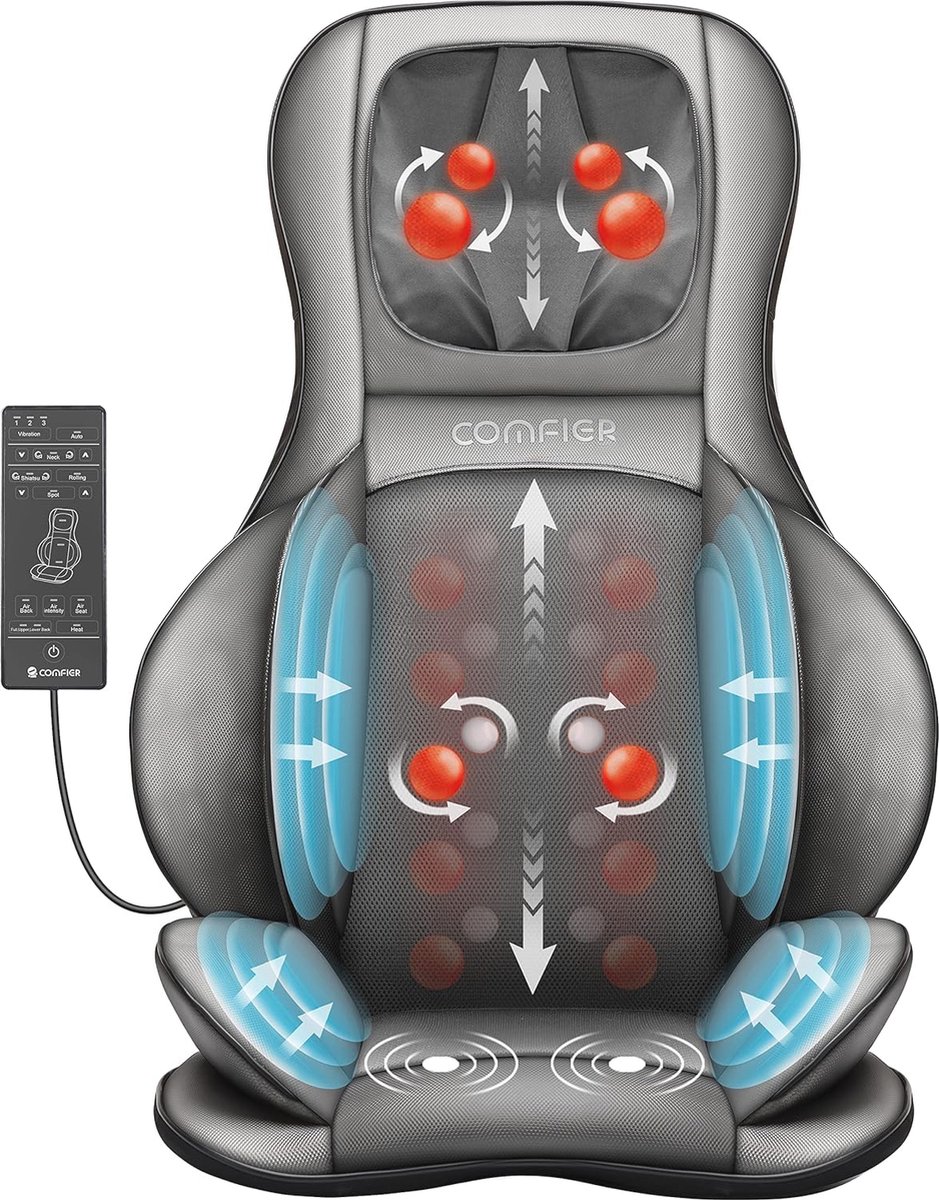 Shiatsu Massagestoelkussen met Warmtefunctie en 3 Intensiteitsniveaus voor Nek, Schouders, Rug, Heupen en Dijen