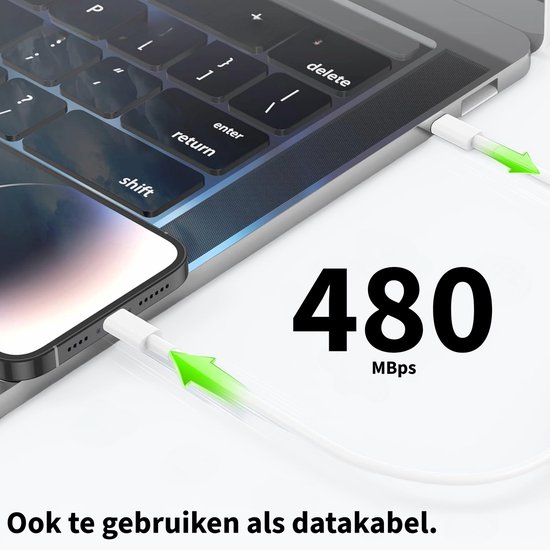Witte USB-C naar Lightning kabel aangesloten op een iPhone en MacBook, met "480 Mbps" indicatie.