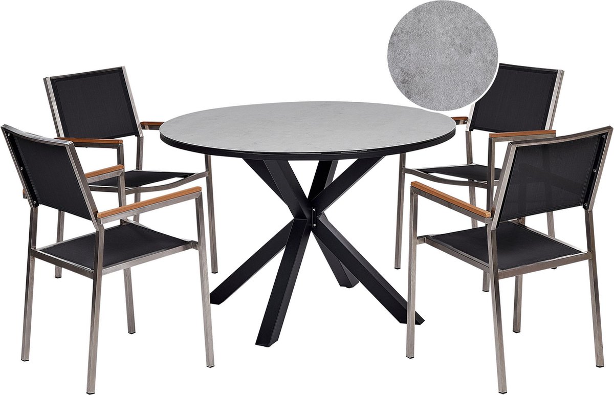 Moderne grijze en zwarte aluminium tuinset met 4 zitplaatsen.