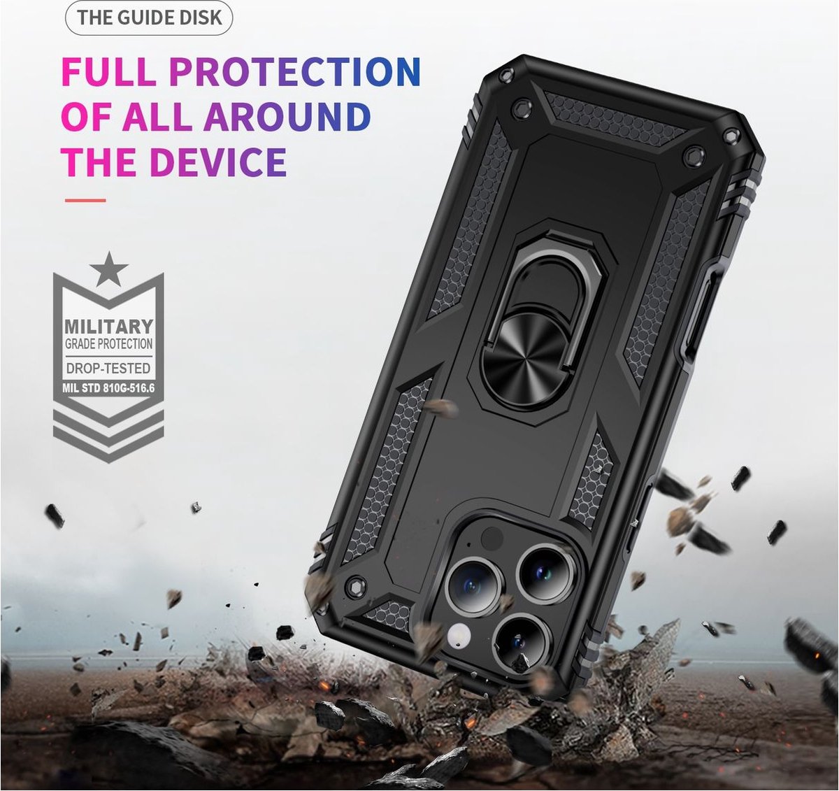 Mobigear Hoesje geschikt voor Apple iPhone 16 Pro Telefoonhoesje Hardcase | Mobigear Armor Ring Backcover Shockproof met Ringhouder | Schokbestendig iPhone 16 Pro Telefoonhoesje | Anti Shock Proof - Zwart