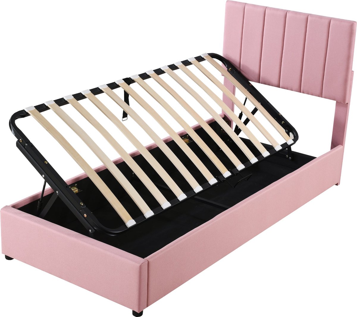 Merax Kinderbed 90x200 cm - Gestoffeerd Bed voor Kinderen met Hydraulisch Opbergruimte - Huidvriendelijk Linnen - Roze