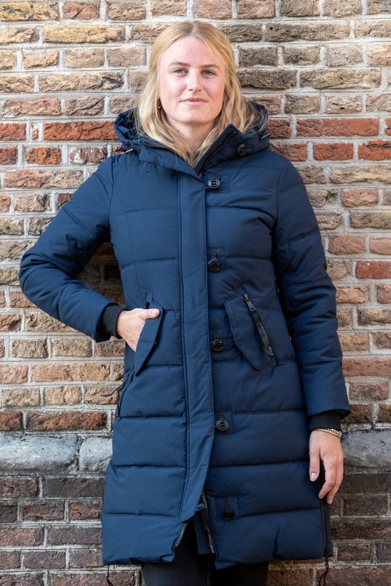 Lange dames winterjas - Gewatteerd en getailleerd - Donkerblauw - Maat 40