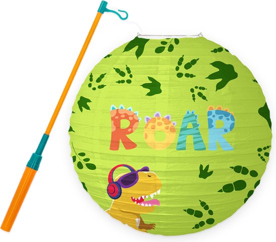Lichtgroene lampion met dinosaurus, roze koptelefoon en ROAR-letters, met oranje stok.