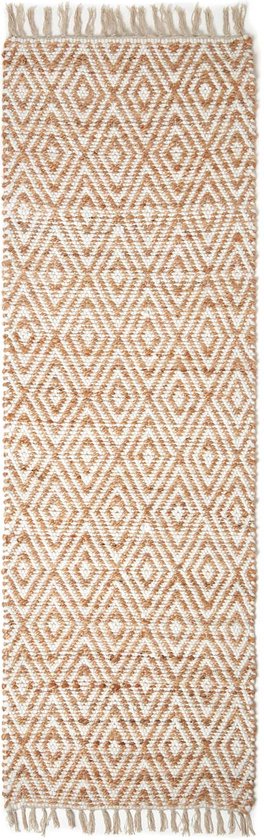 Homescapes Tapis Chindi en chanvre à motif losanges beige et blanc - Sierra - 66 x 200 cm