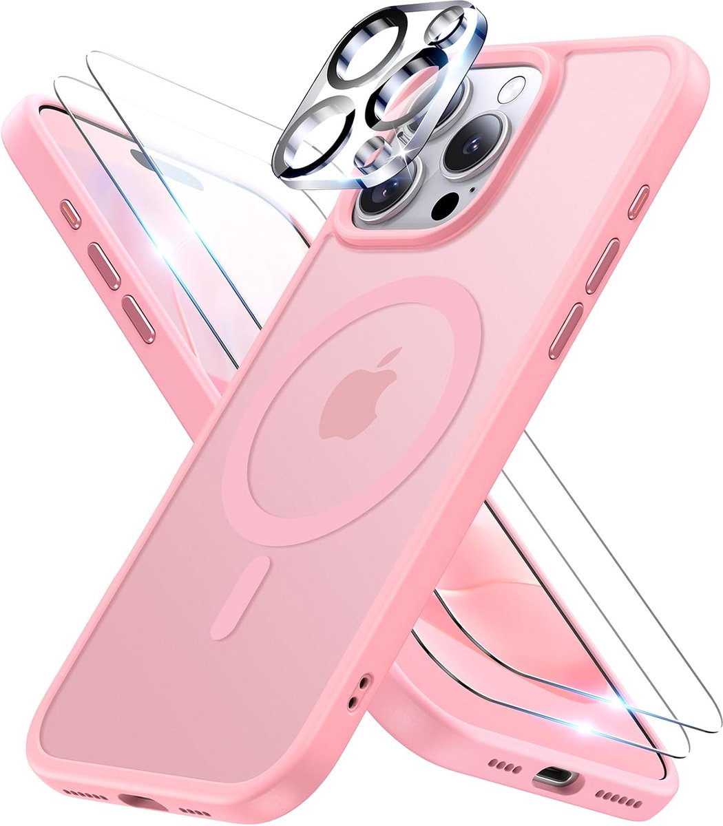 Hoesje Met Camera lens en 2x Screenprotector Geschikt voor: Apple iPhone 16 Pro Max - Compatibel met MagSafe - Back Cover met Magneet - Draadloos Opladen met Magnetische Ring - Roze