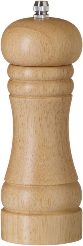Lichte houten pepermolen met een verfijnd, klassiek design. De molen heeft een geprofileerde, cilindrische vorm met een metalen knop.